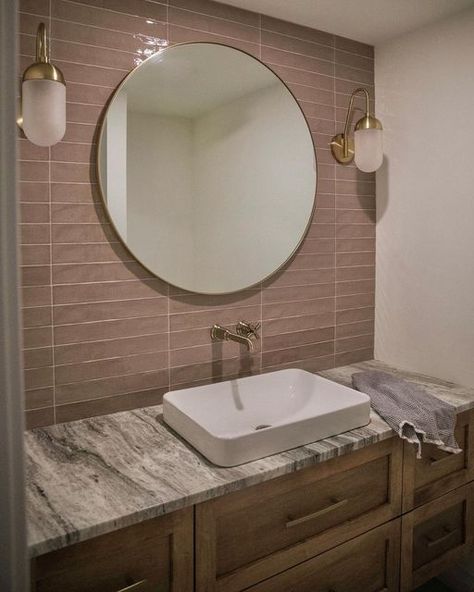 Pink Powder Room Small Bathrooms, Mauve Tile Bathroom, Pink Powder Room, Pink Tile Bathroom, Pink Tile, Pink Powder, Honed Marble, Pink Tiles, Marble Counter