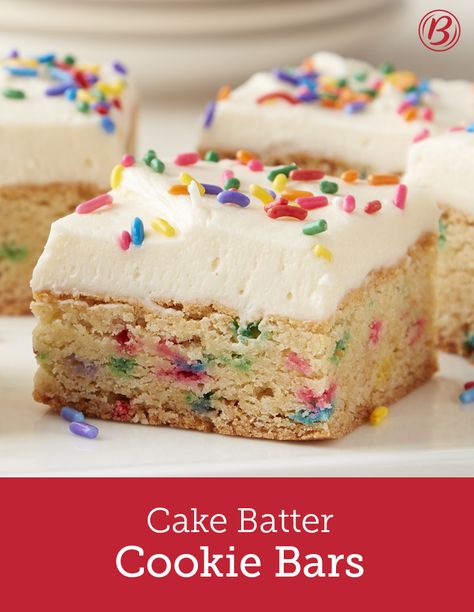 Soft, sweet and oh-so-easy to make with Betty’s cake and cookie mixes, these clever cookie bars deliver irresistible cake batter flavor with a soft cookie-like texture. With a scratch frosting that you wont be able to get enough of, and a festive look that’s cute for birthdays, kids or just a midweek pick-me-up, you’ll want to make this recipe again and again. Cake Mix Bars, Cookie Mixes, Cake Batter Cookies, Betty Crocker Cake, Danish Butter Cookies, S Cake, Cake Mix Cookies, Cookie Mix, Yummy Sweets