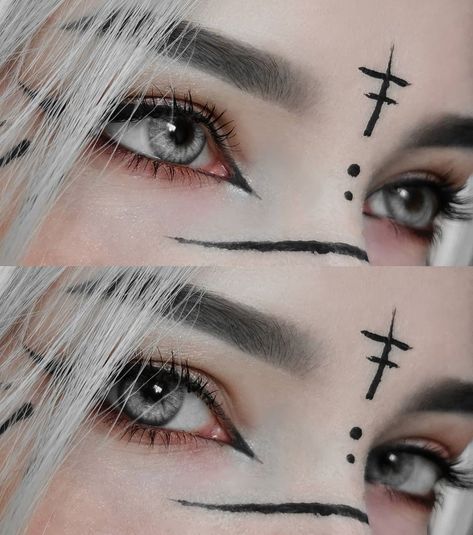 Two Color Eyeliner Looks, Cross Makeup Look, Goth Elf Makeup, Dark Elf Makeup Looks, Druid Makeup, Dark Elf Makeup, Goth Eye Makeup, Graphic Makeup, Halloween Makeup Inspiration