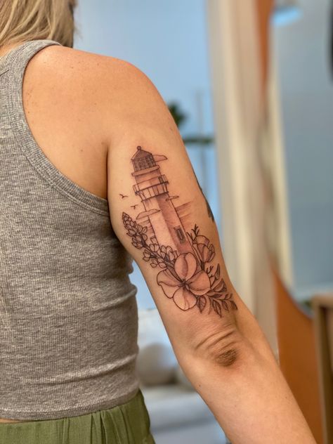 Lighthouse Flower Tattoo, Lighthouse Tattoo For Women Half Sleeves, Plume Tattoo, Lighthouse Tattoos, Memorial Tattoo Designs, Medium Tattoos, Inspo Tattoo, Masculine Tattoos, Island Tattoo