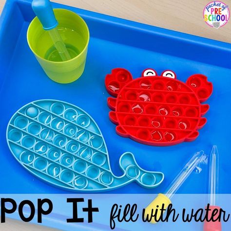 Increase fine motor skills and hand-eye coordination with water pop it activity for preschool, pre-k, and kindergarten! #preschool #prek #kindergarten #popit Bead Activities For Preschoolers, Independent Centers Preschool, Easy Fine Motor Activities Preschool, Kindergarten Fine Motor Activities, Pop It Activities, First Week Of Preschool Activities, First Week Of Preschool, Twos Classroom, Curriculum Themes