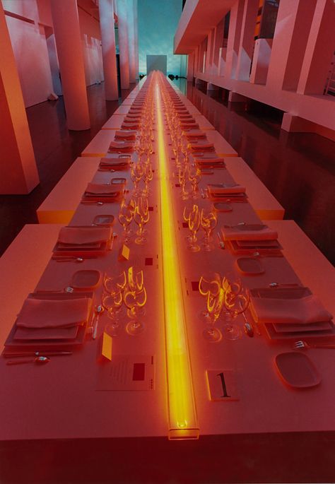 BUREAU BETAK — Jil Sander Sun Men Fragrance Launch MACBA... Barcelona Spring, Bureau Betak, Men Fragrance, Soho Farmhouse, Orange Neon, Event Design Inspiration, Light Dinner, Gala Dinner, Event Lighting