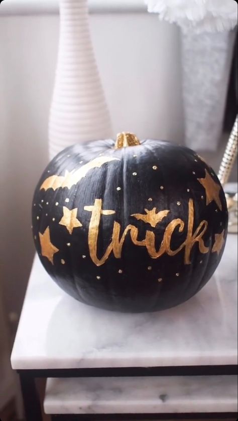 Keep things dark and devilish with a gold & black painted pumpkin design. Watch the video to see how Pumpkin Tutorial, Painted Pumpkin, Black Bowl, Pumpkin Halloween Decorations, Pumpkin Design, Painted Pumpkins, Pumpkin Decorating, How To Paint, Halloween Pumpkin