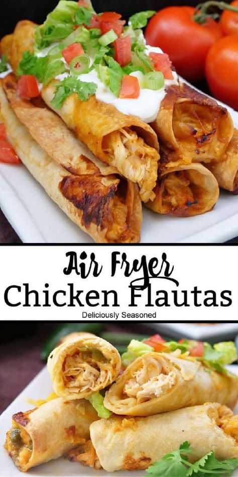 Air Fryer Chicken Flautas Air Fryer Flautas with Slow Cooked Chicken are perfect to serve with a side of guacamole or sour cream, and make a great appetizer recipe. Chicken Flautas Air Fryer, Air Fryer Chicken Flautas, Air Fryer Flautas, Tacos Chicken, Chicken Flautas, Chicken Tacos Recipe, Air Fryer Recipes Dessert, Slow Cooked Chicken, Air Fried Food