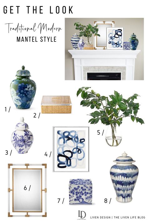 Modern Vintage Living Room, Style Mantel, Modern Mantel, Blue And White Decor, Modern Chinoiserie, Mantel Ideas, Mantel Design, Chinoiserie Blue, Chinoiserie Decorating