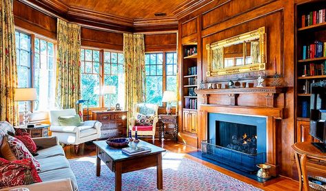 Classic Wood Paneled Living Sitting Room, with Fireplace in old Queen Anne Style Victorian House.  Interior View Wood Panel Office, Sitting Room With Fireplace, Whiskey Library, Office Fireplace, Antique Luxury, Purple Room, Antique House, Interior View, Queen Anne Style