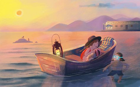 A girl is on a boat, and looking at a boy floating in the water. Summer sunset is in the background. Boat Digital Art, Fisherman Illustration, Picture Book Illustration, Book Boat, Kids Boat, Summer Nostalgia, Ocean Illustration, Boat Illustration, Illustration Children