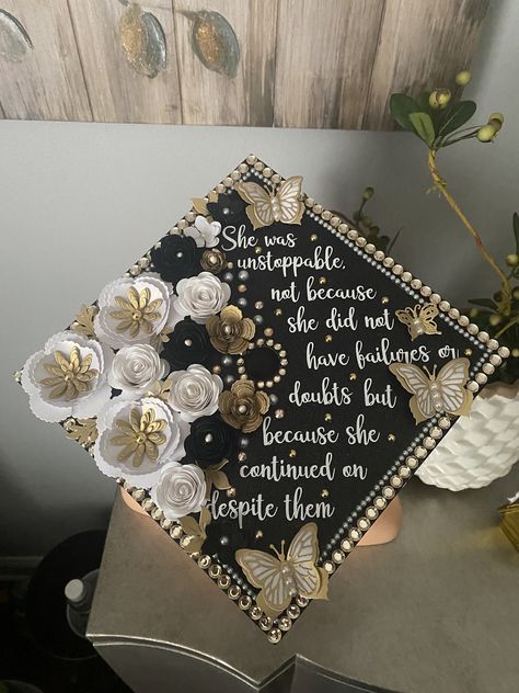 Hi everyone! this graduation cap topper is the perfect addition to your special day! It is made with heavy glitter card stock and permanent vinyl for the text. The paper flowers are all handmade by me and are what make my graduation cap toppers unique and elegant. This cap is made of high quality, durable materials that will keep you sparkling throughout your special day! How to attach to your graduation cap: There are double sided adhesive strips on the back, just peel off the backing and stick Graduation Cap I Did It For Them, High School Cap Decoration Senior Year, 2d Graduation Cap Designs, Nigerian Graduation Caps, Bling Graduation Cap Ideas, Black Graduation Cap Designs, Meaningful Graduation Caps, Beauty School Graduation Cap, On To The Next Chapter Graduation Cap