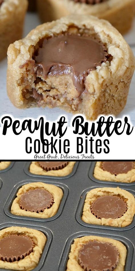 Two pictures. The top one is of a peanut butter cookie cup with a Reese's miniature in the middle with a bite out of it. The bottom one is of the cookies still in the baking pan. Peanut Butter Cookie Bites Recipe, Peanut Butter Temptations Reeses, Peanut Butter Cup Brookies Recipe, Peanut Butter Cookie Bites, Crispy Peanut Butter Cookies, Peanut Butter Cookie Cups, Chunky Cookies, Christmas Dip, Cookie Cups Recipe