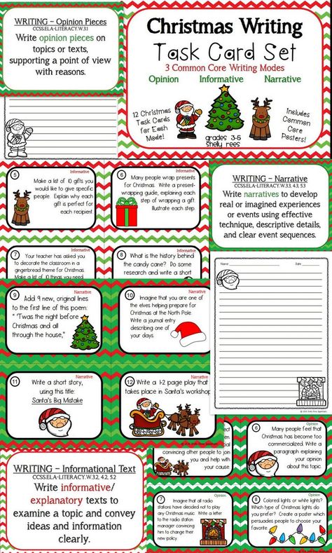 Christmas Writing Task Cards - Common Core Aligned.  Includes 36 fun Christmas-themed task cards for opinion, informative, and narrative writing. Lined paper and CC Posters also included!  Perfect for writing centers!  Grades 3-6 Easter Reading Activities, Easter Worksheets, Christmas Units, Holiday Writing, Informative Essay, Writing Centers, Christmas Writing, Classroom Christmas, Writing Prompts For Kids