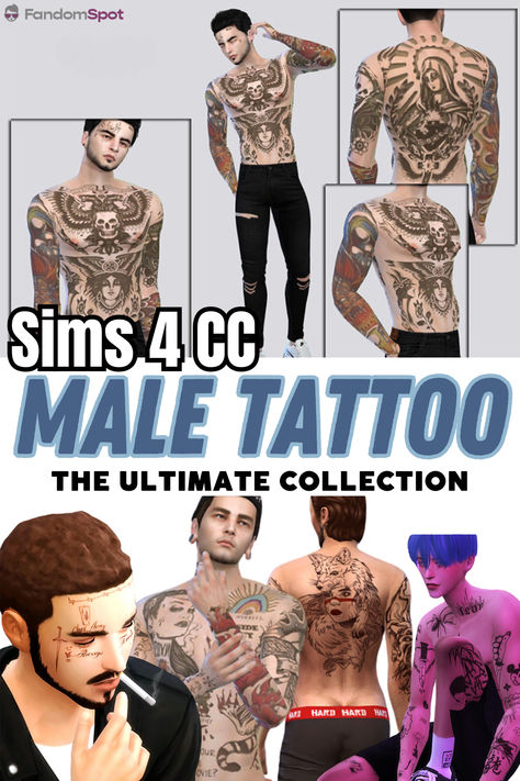 Add these custom tattoos onto your male Sims for a truly badass aesthetic. The full list includes plenty of great tats to pick from, with loads of options for sims of any age. You could even try some on your female sims for an edgier look! Sims 4 Cc Anime Tattoo, Ultimate Collection Sims 4, Sims4 Cc Male Tattoos, Sims 4 Cc Full Body Tattoo Male, Face Tattoos Sims 4 Cc, Sims 4 Cc Maxis Match Tattoo, Sims 4 Face Tattoo Cc, Sims 4 Full Body Tattoo, Sims 4 Male Tattoos Cc