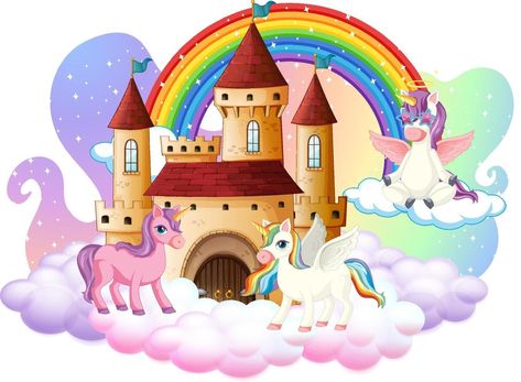 Bday Background, Unicorn Backgrounds, Cartoon Sky, Cute Rainbow Unicorn, Photography Studio Design, Building Character, Happy Unicorn, Fairy Tale Illustration, Unicorn Card