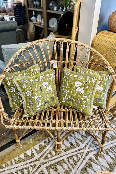 Rattan chair and green printed pillows available at Interiors Designer Co-Op in Tulsa, Oklahoma. Interiors is Tulsa's best stop for new and consignment furniture and home decor. Printed Pillows, Consignment Furniture, Tulsa Oklahoma, Rattan Chair, Wicker Furniture, Cozy Corner, Printed Pillow, Oklahoma, Lounge