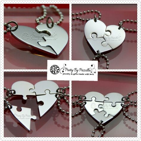 Puzzle heart necklaces or keychain for friends/family gift- one, two, three, four, or five pieces! Can be personalized with names, dates, initials, or saying across all. Unique Christmas gift! www.Etsy.com/shop/prettybypriscilla Hearts Necklaces, Bff Stuff, 4 Best Friends, Ballpoint Pen Art, Dream Items, Trio Necklace, Diy Best Friend Gifts, Clay Keychain, Three Best Friends