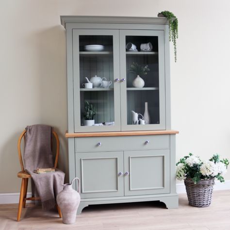 Modern Glazed Dresser with a sideboard at the base and a glazed cupboard with height adjustable shelves above. Painted in Farrow and Ball French Grey with an oak sideboard top Modern Townhouse, English Country Style, Elegant Country, Painted Dresser, Paint Colour, Adjustable Shelf, Adjustable Shelves, Glass Doors, Height Adjustable