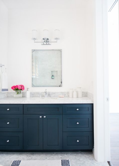 Vanity painted in Hale Navy Benjamin Moore. Studio McGee Navy Paint Colors, Navy Bathroom, Painting Bathroom Cabinets, Remodeling Bathroom, Hale Navy, Blue Vanity, Ikea Bathroom, Cabinet Paint Colors, Country Bathroom