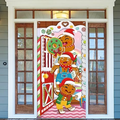 Faster shipping. Better service Gingerbread House Door, Christmas Door Cover, Funny Christmas Decorations, Door Backdrop, Door Backdrops, Gingerbread Man Christmas, Hanging Flag, House Door, Porte Decorate