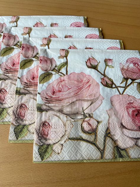 "Ready to Ship! \"Pink roses\" Set of 4 Decoupage Napkins are perfect for paper arts and crafts of many kinds: collage, decoupage on glass, wood, candle, scrap booking, mixed media and altered art. An excellent complement for the dining table and special events. The napkin is a dinner size, measuring 33x33 cm (13x13 inches) unfolded and  16,5x16,5 cm (6,5x6,5 inches) Made in EU on 3-ply paper. Have a nice day!" Paper Arts And Crafts, Decoupage On Glass, Decoupage Tins, Decoupage Candles, Collage Decoupage, Art Altéré, Napkins For Decoupage, Decoupage Glass, Art Deco Bar