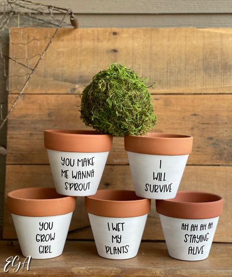 Plant Pot Painting Ideas Boho, Quirky Crafts, Company Ideas, Terra Cotta Pot Crafts Diy, Pots Diy, Plant Puns, Plant Pot Design, Pot People, Small Crafts