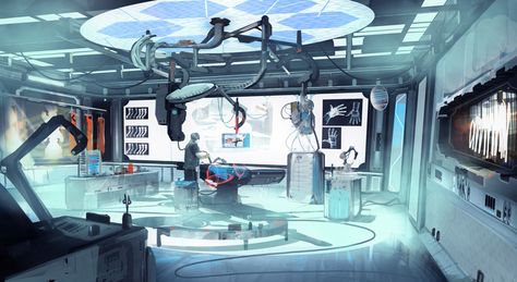 Sci Fi Laboratory Concept Art, Cyberpunk Lab, Sci Fi Apartment, Scifi Lab, Underground Facility, Futuristic Lab, Sci Fi Laboratory, Spaceship Interior, Sick Baby