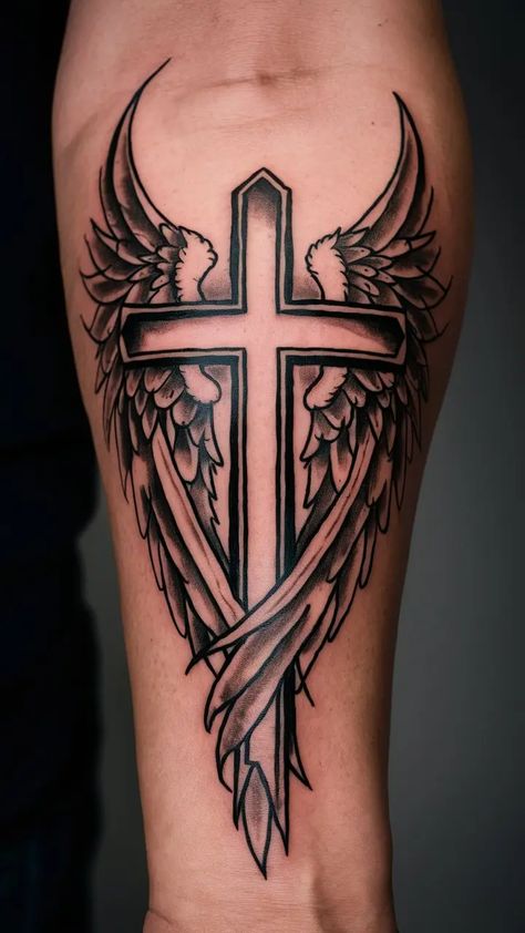 40+ cross tattoo Designs for men on forearm Cross With Wings Chest Tattoo, Crosses Tattoos For Men, Small Country Tattoos For Men, Mens Religous Tattoo Ideas, Cross With Sun Rays Tattoo, Boy Tattoos Men, Cross Tattoos For Men Neck, Men’s Cross Tattoos, Christian Leg Tattoo