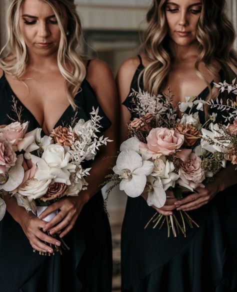 Blush Hues Wedding, Ethereal Wedding Color Palette, Modern Bouquet, Black Bridesmaids, Dark Wedding, Neutral Wedding, Black Bridesmaid Dresses, Wedding Boho, White Orchids