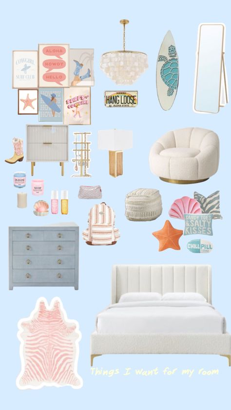 Costal Bedroom Idea Teen, Bedroom Ideas Summer Vibes, Beach Bedroom Preppy, Room Decor Ocean Theme, Preppy Beach Room Ideas, Beachy College Apartment, Colorful Beachy Bedroom, Cute Room Designs, Coconut Girl Bedroom