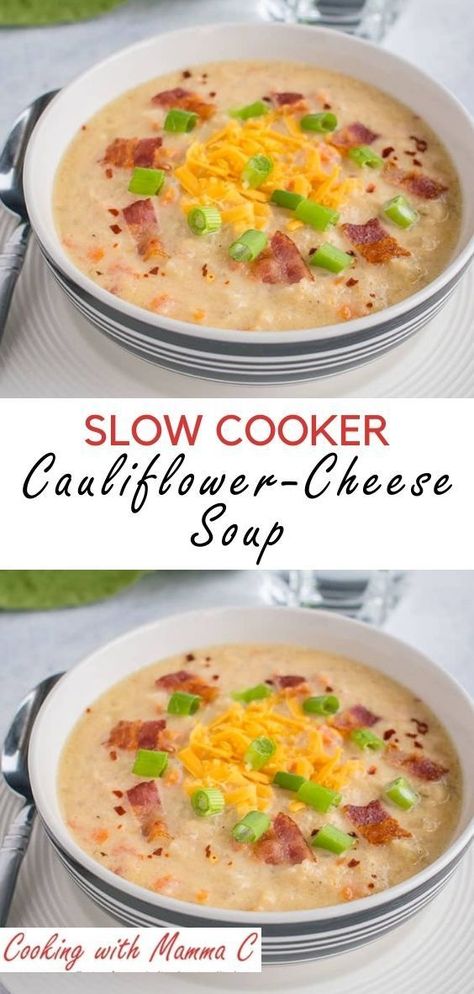 This Slow Cooker Cauliflower-Cheese Soup is so delicious and comforting! Serve it with toppings such as bacon and chives for a loaded cauliflower soup that’ll knock your socks off! Plus, it’s gluten free and has just 15 grams of carbs per serving. #SoupSeason #SlowCooker Slow Cooker Cauliflower, Slow Cooker Cauliflower Soup, Loaded Cauliflower Soup, Crockpot Cauliflower, Cauliflower Cheese Soup, Cauliflower Cheese Soups, Cheesy Cauliflower Soup, Loaded Cauliflower, Cauliflower Soup Recipes