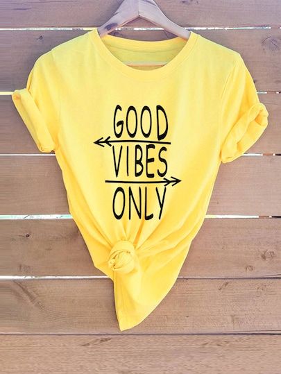 Letter Print Tee, Latest T Shirt, Simple Shirts, Yellow Fabric, Print Tee, Online Tops, Good Vibes Only, Grey Women, Casual Tee