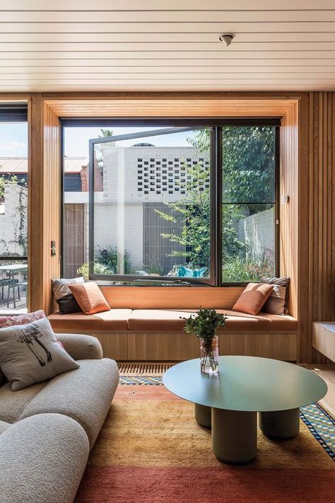 Everything in its right place: Fitzroy North House | ArchitectureAu Window Seat Design, Upholstered Banquette, Plans Architecture, Window Seats, Rear Extension, Built In Furniture, Casa Container, The Local Project, Modern Windows