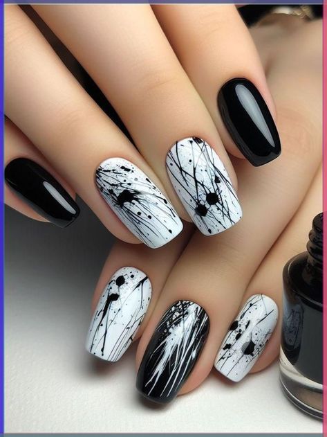 Gel Nails Black And White, Black Minimalist Nails, Abstract Nail Designs, Black And White Nail, Splatter Nails, Black And White Nail Designs, Black And White Nail Art, Hello Nails, Abstract Nail Art