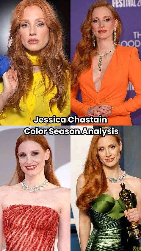 Jessica Chastain color season revealed. Discover if she's a True Spring with expert insights and photos compared to True Spring colors. Blake Lively Color Analysis, Jessica Chastain Hair, Spring Color Analysis, Color Season Analysis, Colors For Hair, Jessica Chastain Style, True Spring Palette, Season Analysis, True Spring Color Palette