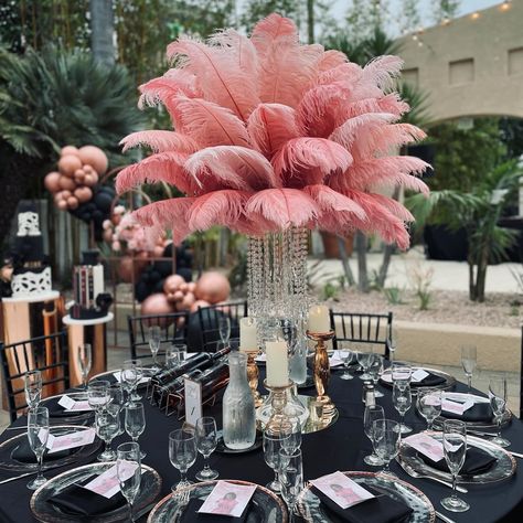 Check our website or DM for available colors 💕 • • • #greatgatsby #greatgatsbytheme #greatgatsbyparty #weddingdecor #weddinginspiration #weddinglosangeles #tablestyling #tablescape #tablecenterpiece #ostrichfeathers #ostrichfeathercenterpieces #feathercenterpiece #specialeventrentals #rentfeathers #roaring20s #oldhollywood Pink Roaring 20s Party, Pink Hollywood Aesthetic, Roaring 20s Prom Theme, Roaring 20s Party Decorations, 20s Party Decorations, Hollywood Prom, Gatsby Gala, Ostrich Feather Centerpieces, 20th Bday