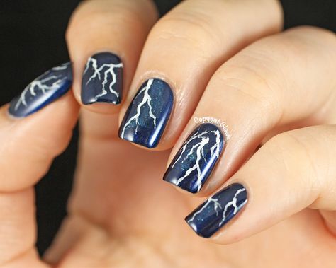 Copycat Claws: Lightning Nail Art & Picture Polish Electric Blue Electric Blue Short Nails, Nail Art Lightning Bolt, Nail Art Lightning, Lightning Bolt Nail Design, Lightning Bolt Nail Art, Blue Lightning Nails, Lightning Nail Art, Bolt Nails, Lightning Bolt Nails