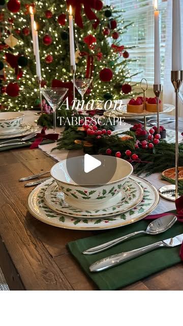 Anastasia Markova on Instagram: "Comment any word and I’ll send the links to you via DM! Holiday Tablescape idea from @lenox  I got the most beautiful dinnerware set from them as well as the cupcake stand + glassware and silverware. You can shop @lenox holiday collection on SALE now on Amazon on my Storefront under HOLIDAY HOSTING list!  #amazonfinds #amazonholiday #lenoxpartner #lenoxonamazon #tablescape #amazonhome #amazondeals #amazonblackfriday #tablescapestyling #holidaytablescape" Lenox Christmas China, Lenox Holiday Tablescape, Christmas Plate Settings, Beautiful Dinnerware, Holiday Tablescape, Lenox Christmas, Holiday Hosting, Holiday Dinnerware, Lenox Holiday