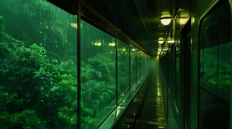 Neon Green Lights Aesthetic, Green Neon Lights Aesthetic, Sage Aesthetic Pictures, Green Liminal Space, Green Dreamcore, Green Futuristic Aesthetic, Ecopunk Aesthetic, Green Japanese Aesthetic, Green Space Aesthetic