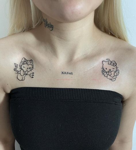 Perky $ean on Instagram: “Angel and devil hello kitties for @rinumaleuu . . . . . . . . . . #ignoranttattoos #ignorant_tattoos #ignorantstyletattoo #bacattt…” Kitty Tattoo Ideas, Hello Kitty Tattoo Ideas, Tatuaje Hello Kitty, Ignorant Tattoos, Hello Kitty Tattoo, Kitty Tattoo, Tattoos To Cover Scars, Devil Tattoo, Hello Kitty Tattoos