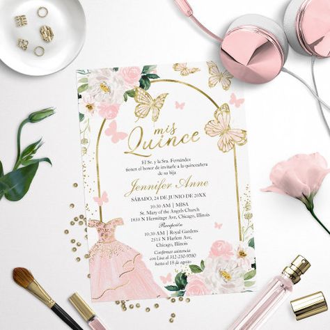 Blush Butterfly Spanish Quinceanera Invitations for $2.77 - Quinceanera Invitations Butterfly Spanish, Xv Invitations, Butterfly Quince, 15 Invitations, Blush Floral Dress, Invitations Quinceanera, Invitations Pink, Quince Invitations, Butterfly Invitations