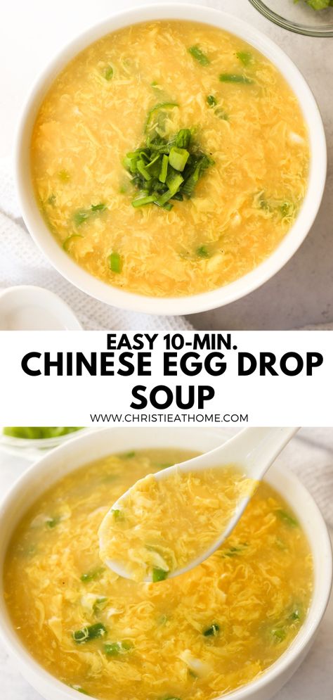 Easy 10-min. Egg Drop Soup. A delicious soup made of hot chicken broth with silky eggs seasoned with sesame oil and green onions. A popular soup in Chinese cuisine.