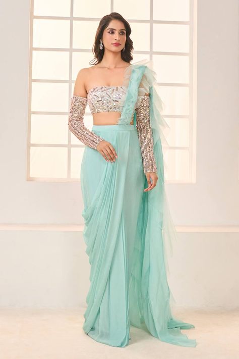 Designer pre-draped saree collection for all occasions Modern Saree Jacket Designs, Modern Saree Party Wear, Necklace For Saree, Saree Draping Styles Modern, Twinkle Wedding, Draped Sarees, Saree Ceremony, Modern Sarees, Latest Saree Trends