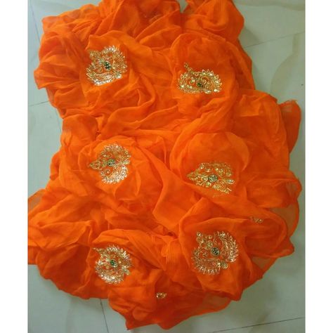 Handwork Saree, Gota Patti Saree, Latest Silk Sarees, Moti Work, Ethnic Clothes, Pure Chiffon Sarees, Chiffon Sarees, Orange Saree, Saree Embroidery