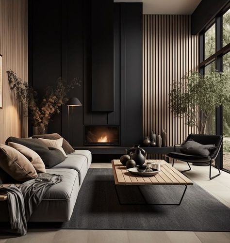 Black And Grey Living Room Modern, Modern Wabi Sabi Interiors Living Room, Dark Media Wall, Dark Japandi Living Room, Dark Japandi Interiors, Dark Organic Modern, Organic Modern Dark, Moody Minimalist Living Room, Moody Japandi