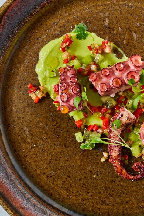 This vibrant octopus salad by Galician chef Yago Crego is served with a silky avocado cream, fresh kiwi fruit and piquant picada for a flavourful seafood starter that's fit for any dinner party. Octopus Salad Recipe, Seafood Starter, Octopus Recipes, Octopus Salad, Cream Fresh, Great British Chefs, Grilled Octopus, Avocado Cream, Fine Dining Recipes