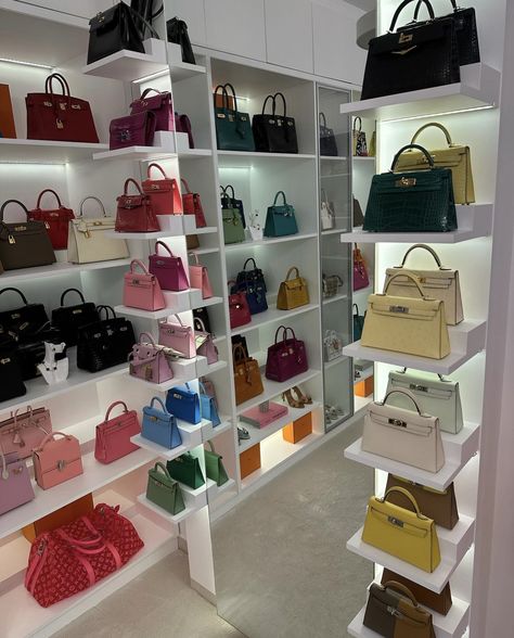 Luxury Handbag Closet, Closet Bag Display, Hermes Bags Aesthetic, Birkin Closet, Hermes Closet, Luxury Bag Closet, Handbags Wardrobe, Birkin Bag Collection, Birkin Bag Aesthetic