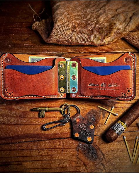 . The “Twain” wallet. Six months in the “planning”, conceiving, designing, manipulating, etc. But, it worked! Did I mention, I have a passion for design? 😆 The goal: * Bifold design * Use a solid brass hinge as the . . . well, the hinge * Use all 3 size rivets (9, 12 & 14) * Brogue corner accents * Custom logo patch on front cover * Edge loop stitching * Waterfall stitching over pockets * Bottom pocket cutouts * “Flowy” aesthetics * Simplistic two card pocket design (10 cards lo... Pouch Design, Brass Hinges, Leather Pieces, Custom Logo, Pocket Design, Custom Logos, Nailed It, The Well, Patch Logo