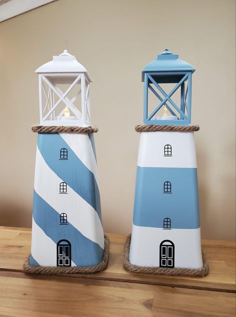 plastic vase (bottom) plastic lantern Lighthouse Crafts For Kids, Diy Light House, Plastic Lantern, Diy Lighthouse, Lighthouse Crafts, Dollar Tree Vases, Beach Themed Crafts, Lighthouse Decor, Diy Beach Decor