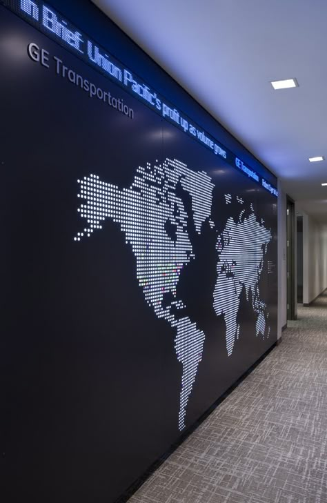 GE Transportation - Chicago Offices - Office Snapshots Erie Pennsylvania, Office Signage, Balcony Railing Design, Corporate Office Design, Interactive Walls, Recessed Downlight, Office Photo, Lobby Interior, Map Wallpaper