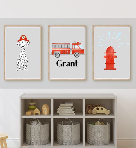 fire truck room decor, wall art, fire truck with name, fire hydrant, Dalmatian fire dog, 11x14, set of 3 prints included, customizable Fire Truck Room Decor, Fire Truck Bedroom Ideas, Fire Truck Themed Bedroom, Firetruck Bedroom Boys, Red Kids Rooms, Truck Room Decor, Fire Truck Bedroom, Fire Truck Room, Firefighter Room