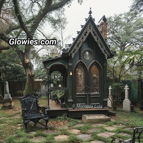 Goth Tiny House, Gothic Tiny House, Trinket Ideas, Airbnb Cottage, Lottery Dreams, Tiny Home Shed, Garden Follies, Gothic Manor, Carpenter Gothic