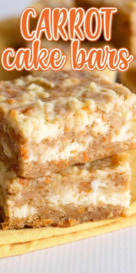 Carrot Cake Bars - These carrot cake bars are so moist and delicious! They have a sprinkle of cinnamon and a cheesecake swirl in them. They're the perfect Easter dessert bars. #easterrecipes #easter #bars #desserts #dessertfoodrecipes #dessertrecipes #desserttable #dessertideas #cookiedoughandovenmitt Easter Dessert Bars, Carrot Cake Bars Recipe, Easter Bars, Cake Bars Recipe, Carrot Cake Bars, Cake Bar, Dessert Bar Recipe, Cake Bars, Cookie Bar Recipes